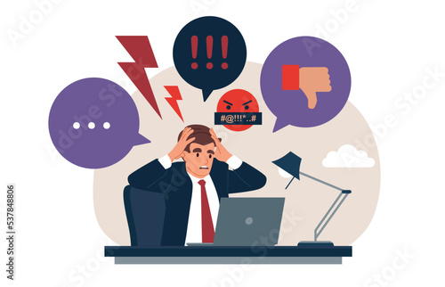 Psychological suffering from negative website comments and emotional frustration. Online trolling and social media victim cruel bullying. Flat vector illustration.
