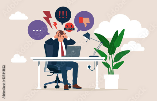 Psychological suffering from negative website comments and emotional frustration. Online trolling and social media victim cruel bullying. Flat vector illustration.