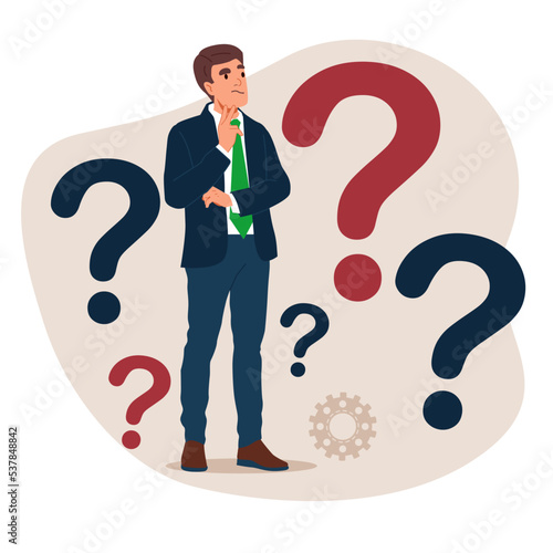 Businessman doubts and questioning everything. Young man surrounded by a question mark. Flat cartoon vector illustration.