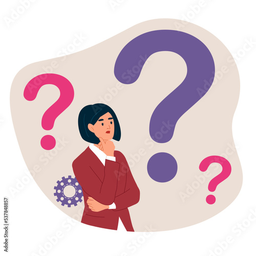 Businesswoman doubts and questioning everything. Young girl surrounded by a question mark. Flat cartoon vector illustration.