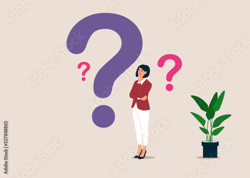 Woman doubts and questioning everything. Young girl surrounded by a question mark. Flat cartoon vector illustration.