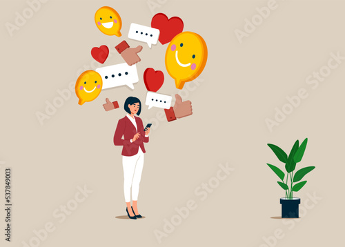 Mobile phone social media communication. Woman use social media communication platforms online. Flat vector illustration.
