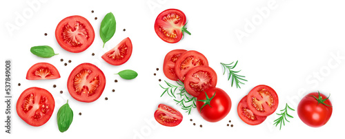 Fototapeta Naklejka Na Ścianę i Meble -  Tomato slices with basil and peppercorns isolated on white background. Top view. Flat lay