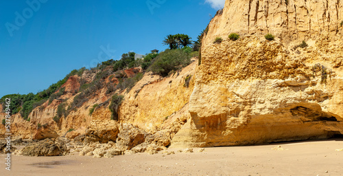 Maria Luisa beach with rock formation in Albufeira, Algarve, Portugal. 