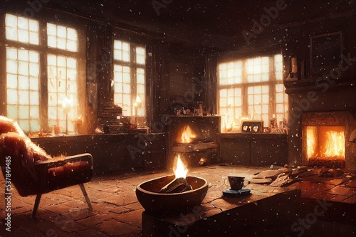 Vászonkép Cozy living space by the burning fireplace with chair, cup and slippers on background of snowy landscape