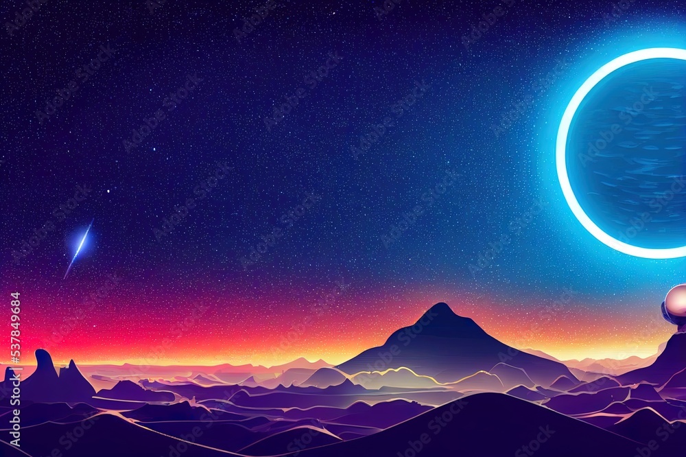 Earth view at night from alien planet, neon space background with ...