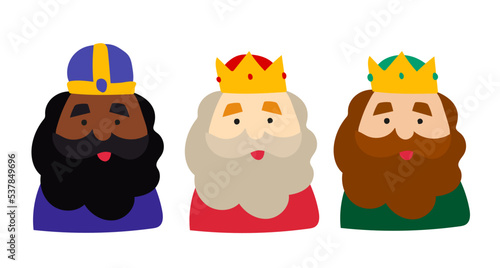 Three magic kings, three wise men, who bring gifts to Jesus. Gaspar, Baltasar y Melchor.    Christian festival of Epiphany, three kings from the east. Iconos simples vector. photo