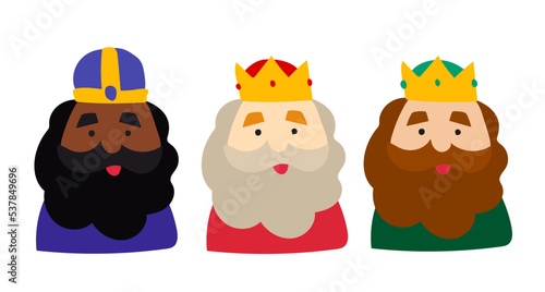 Three magic kings, three wise men, who bring gifts to Jesus. Gaspar, Baltasar y Melchor.    Christian festival of Epiphany, three kings from the east. Iconos simples vector.