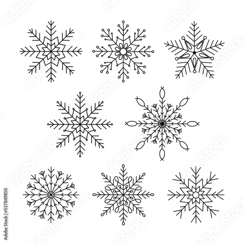 Snowflakes Christmas set simple doodle linear hand drawn vector illustration, winter holidays New Year elements for seasons greetings cards, invitations, banner, poster, stickers
