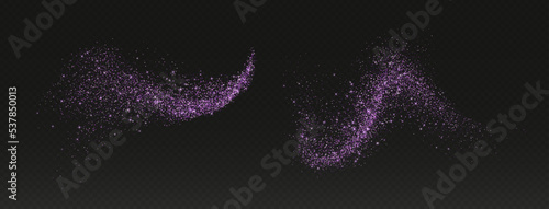Purple glitter splashes, shiny star dust explosion, shimmer spray effect, festive holiday particles isolated on a dark background. Vector illustration.