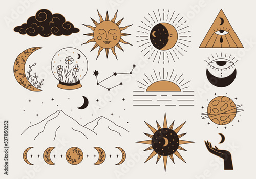 Vector set of celestial elements in black and gold colors. Mystic sun, moon, eye, hand, cloud symbols in line art style. Vintage boho illustrations. Mininalist alchemy tattoo art