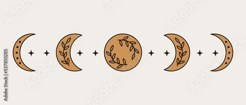 Abstract vector lunar phases in black and gold colors. Mystic crescent symbol with leaves and bindweed. Vintage boho illustration of moon. Mininalist alchemy art