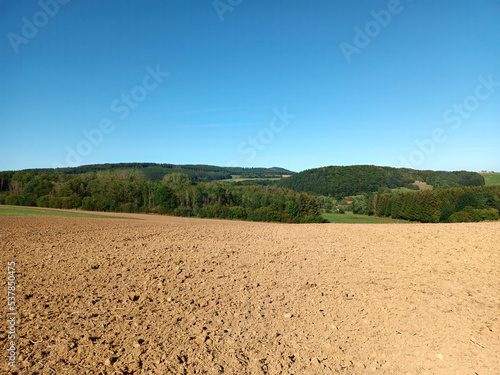 Hügelige Waldlandschaft mit Feld bei Brücken im Landkreis Birkenfeld, Rheinland-Pfalz. 