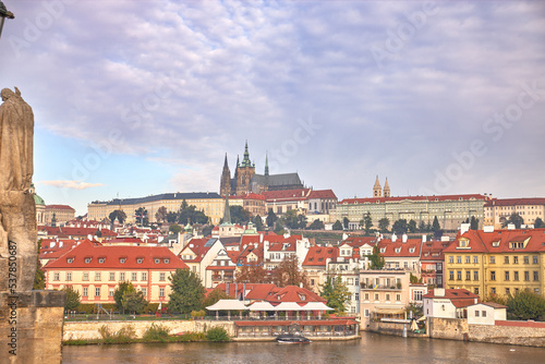 Distant view of Prague Cathedral from Charles Bridge.