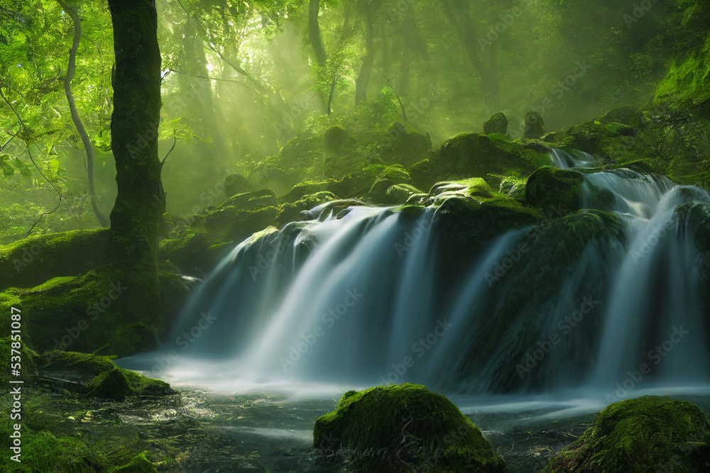 Landscape of beautiful scenery of waterfall in deep forest background, 3d rendering Landscape of beautiful scenery of waterfall in deep forest background, 3d rendering