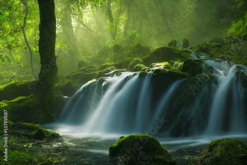 Landscape of beautiful scenery of waterfall in deep forest background, 3d rendering