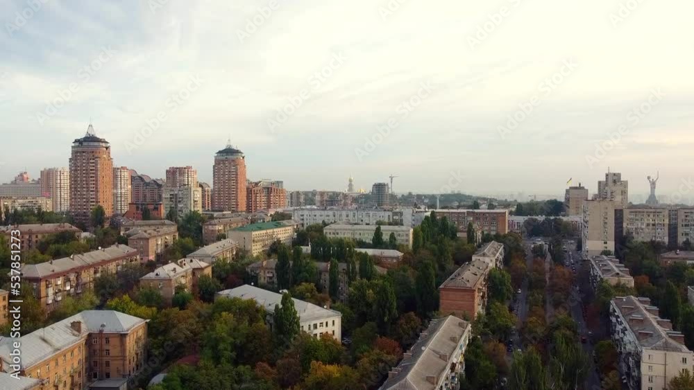 Center of Kyiv, Ukraine. Bridges flag landmarks, residential buildings, river, subway drone view. Center of Kyiv, Ukraine. Bridges flag landmarks, residential buildings, river, subway drone view.