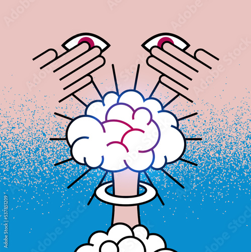 Nuclear mushroom explosion brain cartoon style design. No war peace splash grunge style poster. Vector illustration.