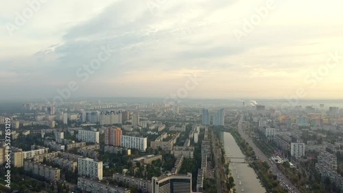 Wallpaper Mural Center of Kyiv, Ukraine. Bridges flag landmarks, residential buildings, river, subway drone view. Torontodigital.ca