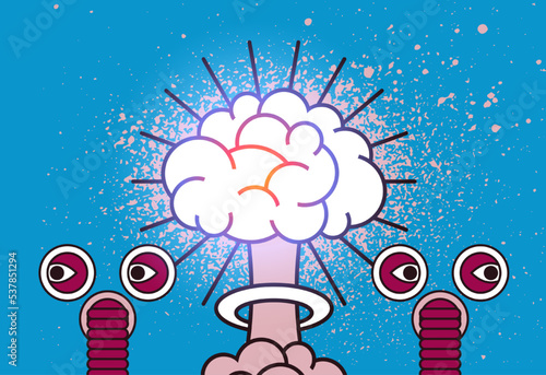 Nuclear mushroom explosion brain cartoon style design. No war peace splash grunge style poster. Vector illustration.