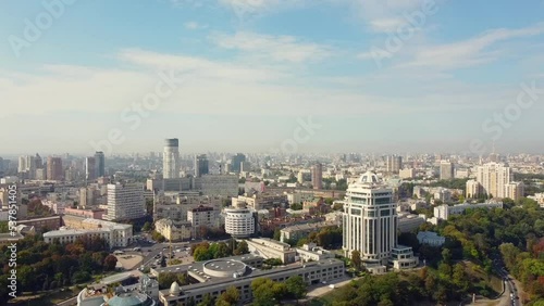 Center of Kyiv, Ukraine. Bridges flag landmarks, residential buildings, river, subway drone view.
