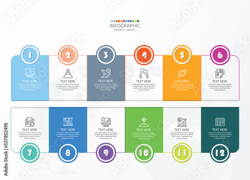 Square infographic with 12 steps, process or options.