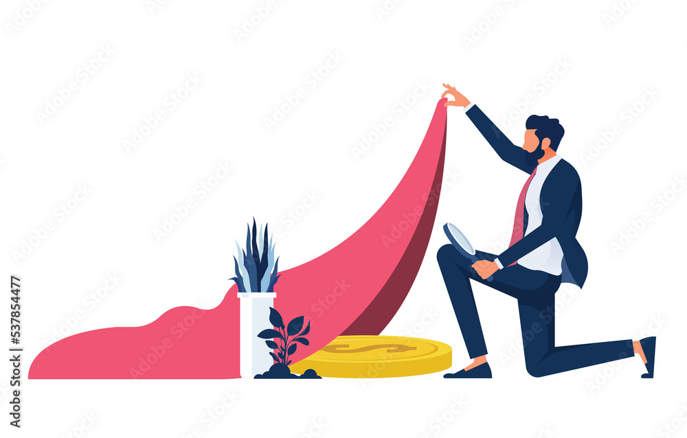 Fototapeta premium Finding money for investment concept, businessman with magnifying glass find dollar coin money under the carpet