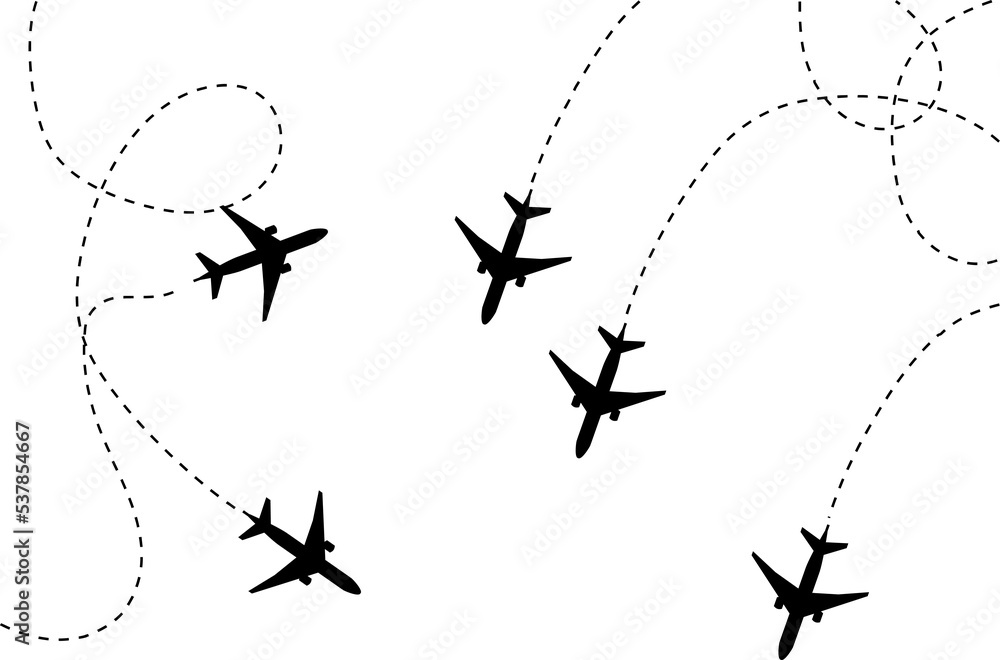 Airplane line path icon of air plane flight route dash line trace with start point  - obrazy, fototapety, plakaty 