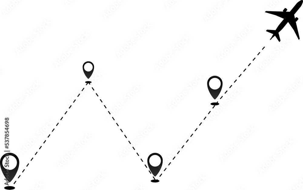 Airplane line path icon of air plane flight route dash line trace with start point Airplane line path icon of air plane flight route dash line trace with start point