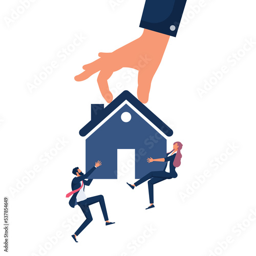 Bankruptcy man and family fighting to hold back their house with big legal hand evict it by law, Eviction and mortgage loan photo