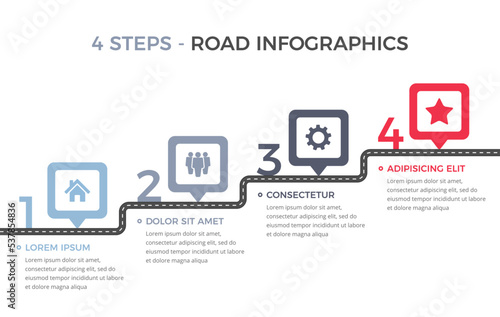 Road infographics template with four elements with place for your icons and text