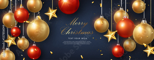 Foto Merry Christmas composition 3D realistic golden ribbon star decoration and red b