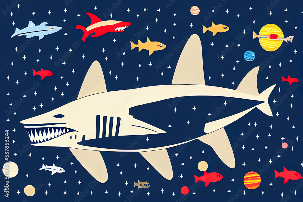 Shark astronaut in space, 2d illustration.Space express.Shark astronaut character design. 2d print.Space 2d illustration design for fashion fabrics, textile graphics, print. Shark astronaut in space, 2d illustration.Space express.Shark astronaut character design. 2d print.Space 2d illustration design for fashion fabrics, textile graphics, print.
