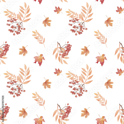 Autumn leaves seamless pattern with hand-drawn elements. Fall-themed botanical print for fabrics, wrapping paper or wedding decoration.