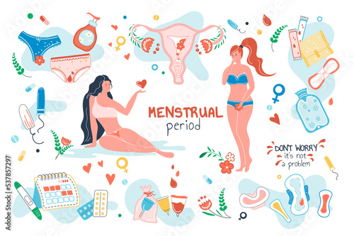 Menstrual period set isolated elements. Women with menstruation. Hygiene products symbols bundle - tampons, cups, panties, pads, uterus, pills, calendar. Illustration in flat cartoon design