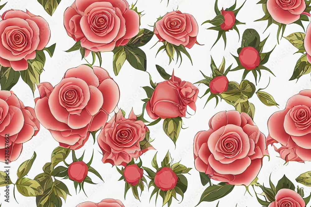 Naklejka premium Seamless pattern with spring flowers and leaves. Hand drawn background. floral pattern for wallpaper or fabric. Flower rose. Botanic Tile.