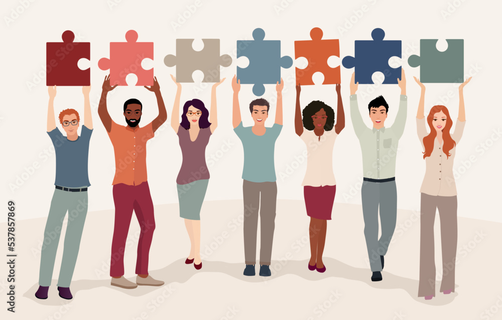 Group of diverse culture people with raised hands holding and connecting jigsaw puzzle pieces. Colleagues co-workers collaborators who cooperate together.Cooperate - collaborate.Teamwork - obrazy, fototapety, plakaty 