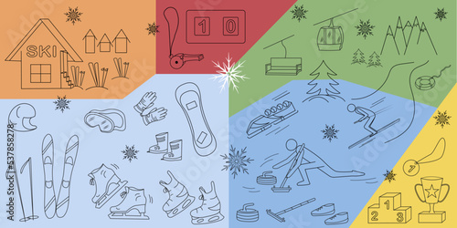 Set of winter sports doodle illustrations about winter holidays and sports games