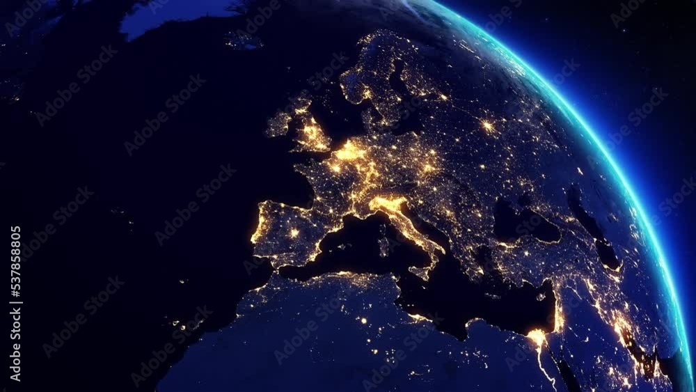 Map of North American and European Countries and Cities with Lights at Night. 3d Animation. Rotating Realistic Earth.