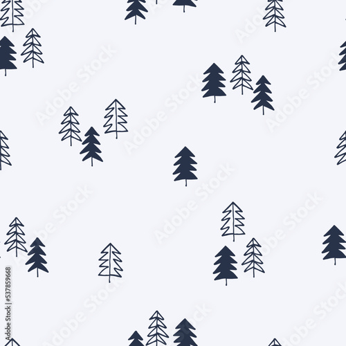 Seamless repeating pattern with snowy fir trees. Christmas, New Year, winter concept. Backound for for gift wrap, surface sign and other design projects