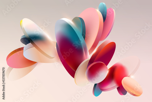 3D geometric shapes in the glass morphism style. Multicolored translucent circles and cylinders. Abstract vector design elements.