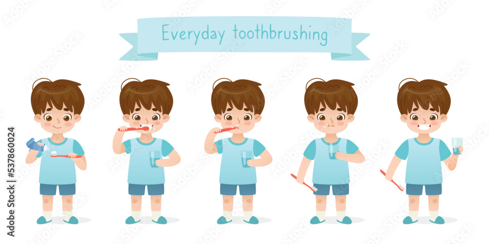 Everyday toothbrushing set with cartoon baby boy. Dental hygiene for kids. Cute child brush his teeth. Everyday toothbrushing set with cartoon baby boy. Dental hygiene for kids. Cute child brush his teeth.
