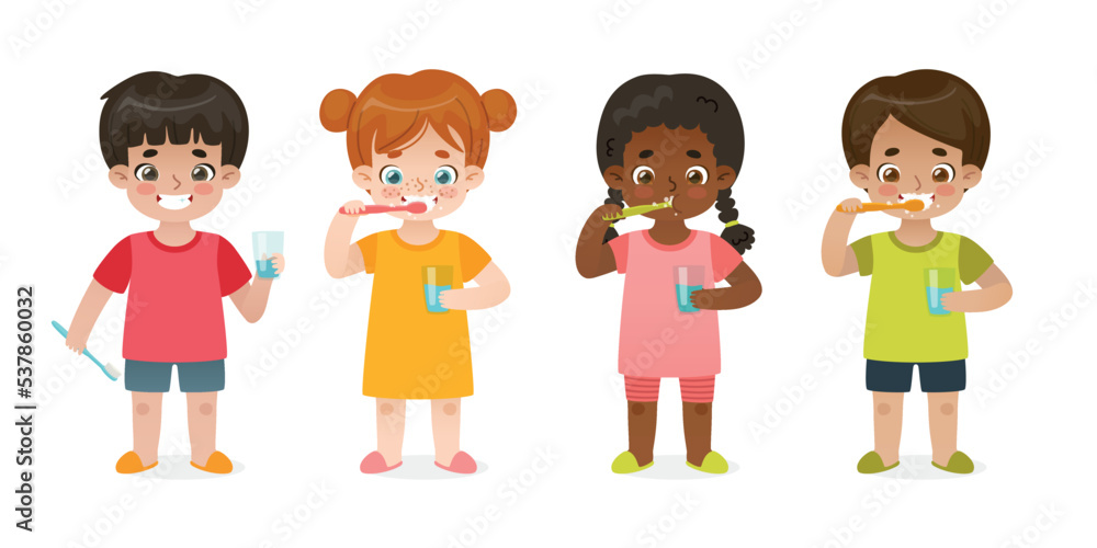 Set of cartoon children brush their teeth. Dental hygiene children. Diverse kids take care of their teeth. Set of cartoon children brush their teeth. Dental hygiene children. Diverse kids take care of their teeth.