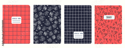 Set of cover page templates based on grid seamless patterns, spiral lines, flower pattern. Plaid backgrounds for school notebooks, diaries. Headers isolated and replaceable