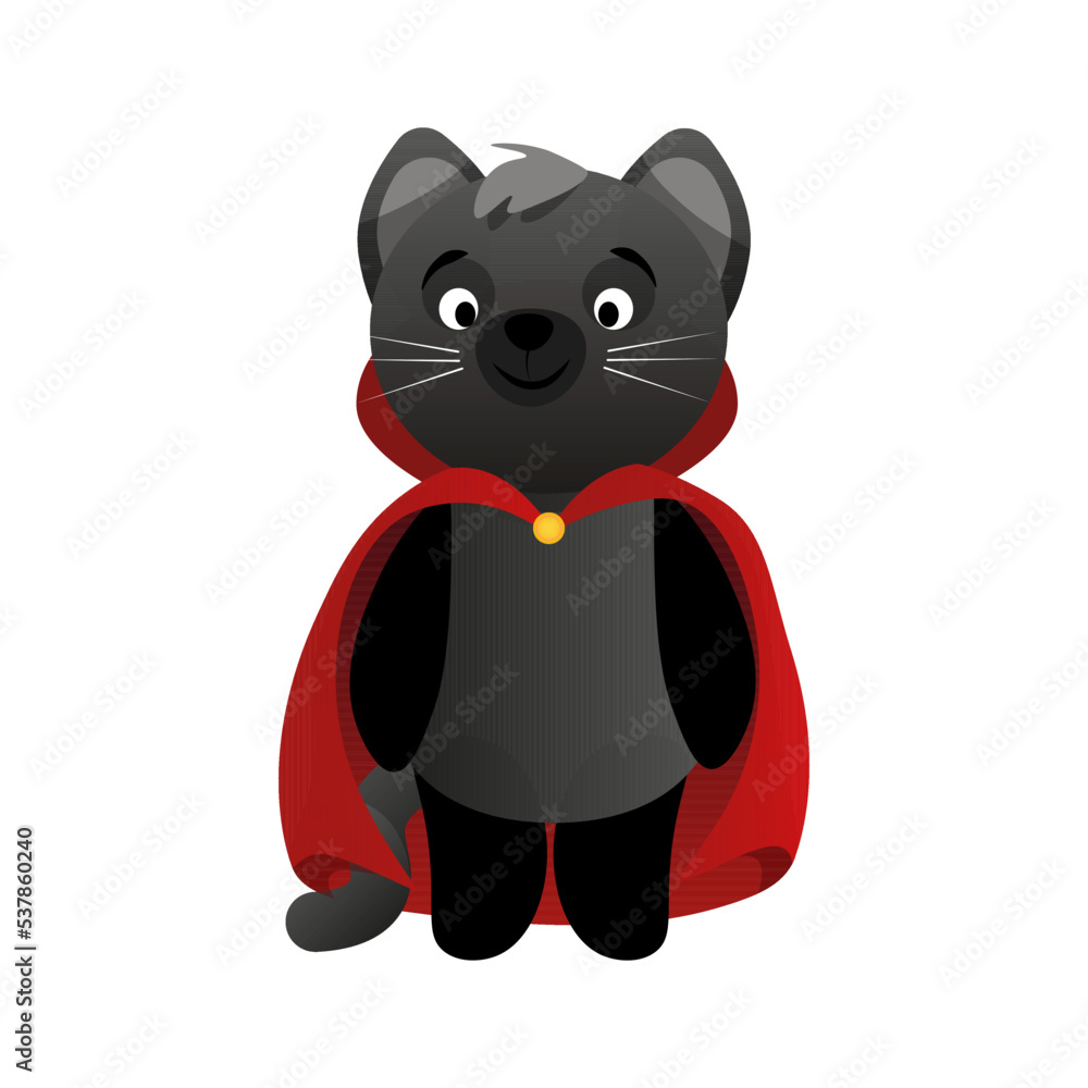 Black cute cat in a red cape like Dracula in honor of Halloween Black cute cat in a red cape like Dracula in honor of Halloween