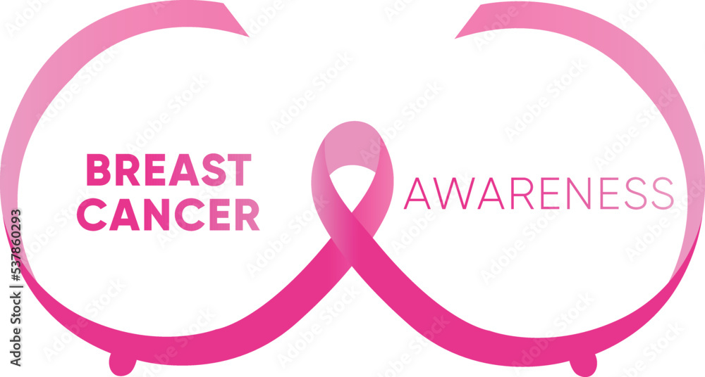 Pink ribbon curve in breast shape with nipples. Breast Cancer Awareness Month Campaign. Icon design. Vector illustration isolated on white background.
