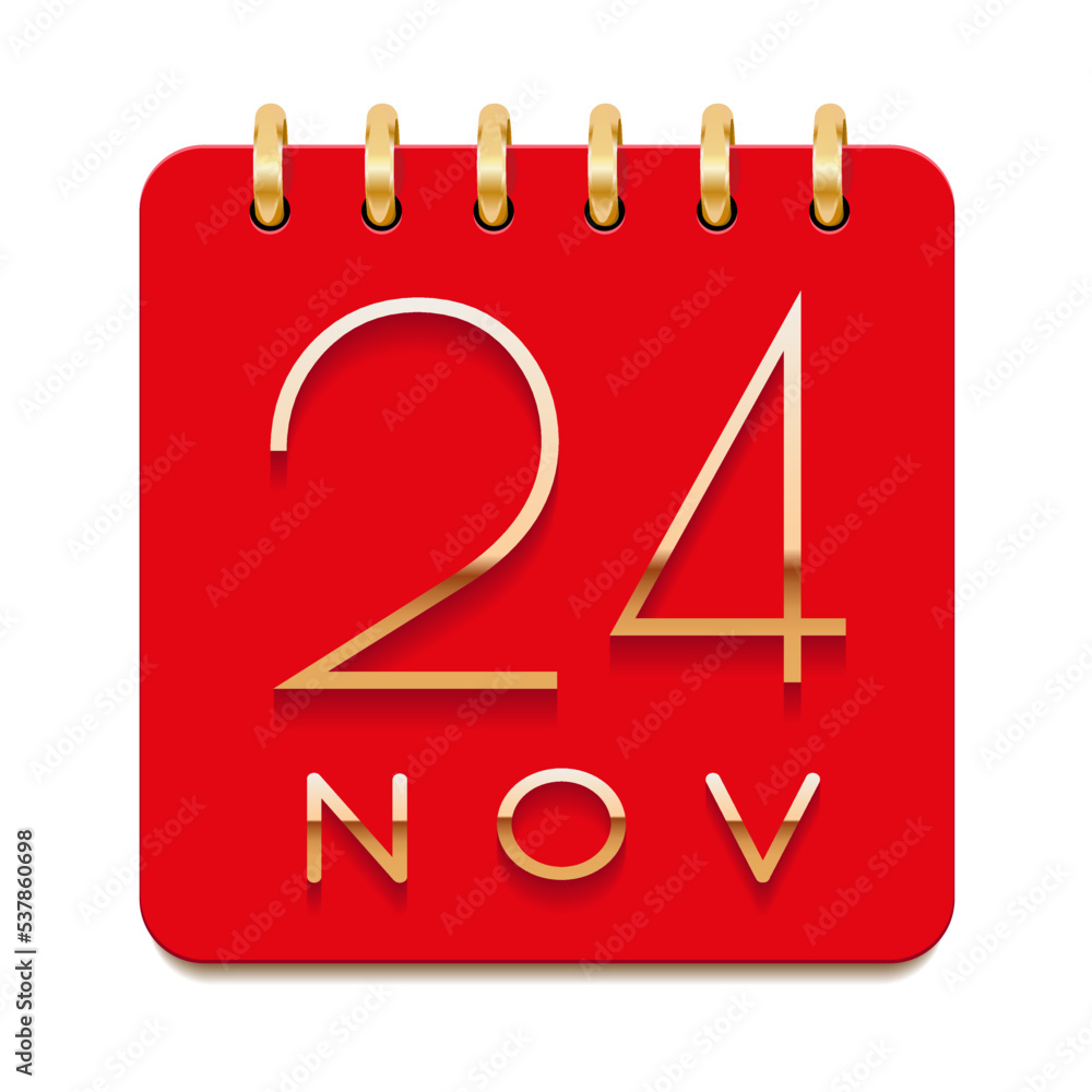 24 day of the month. November. Luxury calendar daily icon. Date day week Sunday, Monday, Tuesday, Wednesday, Thursday, Friday, Saturday. Gold text. Red paper. Vector illustration. 24 day of the month. November. Luxury calendar daily icon. Date day week Sunday, Monday, Tuesday, Wednesday, Thursday, Friday, Saturday. Gold text. Red paper. Vector illustration.