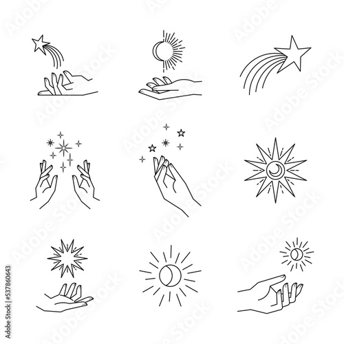 Aesthetic hands and cosmic and celestial elements. Universal cosmos related icons. Linear vector illustrations. Magic and Witchcraft symbology.