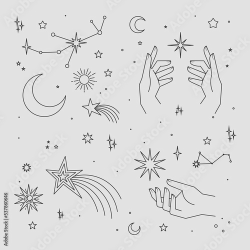 Mystical and Celestial elements with stars, planets, moons and hands. Palm and zodiac elements. Occult , Esoteric background Vector.