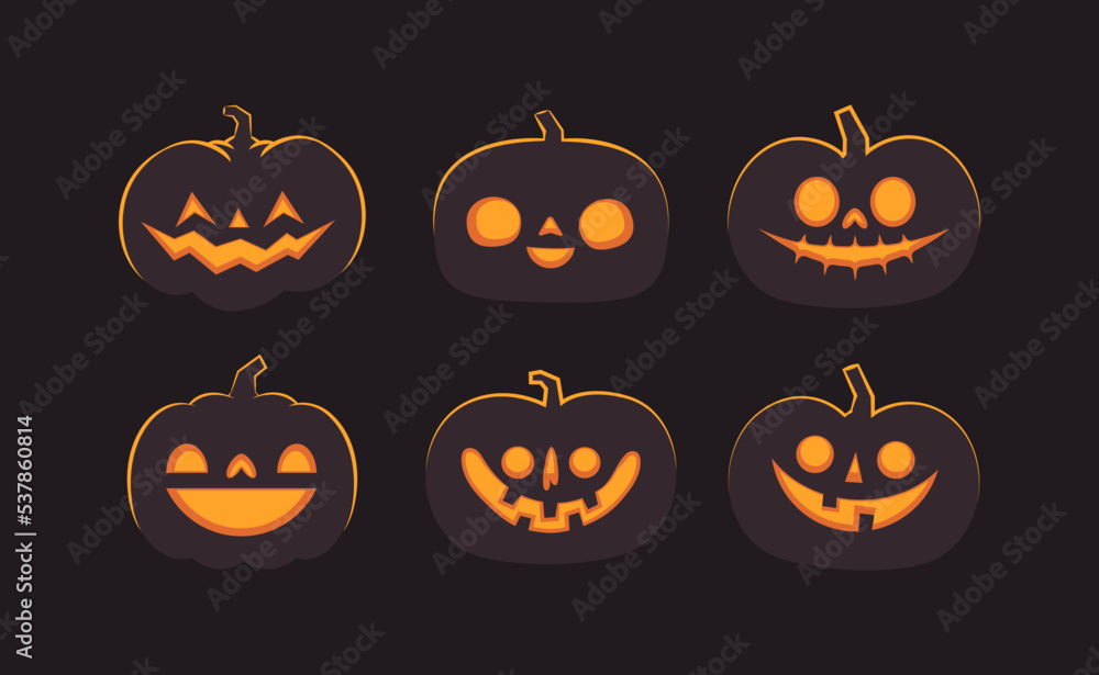 Set of carved halloween pumpkins. Jack o Lantern glowing inside with smile for your design for the holiday. Cute and fun vector illustration. Set of carved halloween pumpkins. Jack o Lantern glowing inside with smile for your design for the holiday. Cute and fun vector illustration.